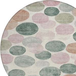 8' Salmon Green And Peach Round Geometric Washable Indoor Outdoor Area Rug