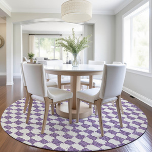 8' Purple And Ivory Round Geometric Washable Indoor Outdoor Area Rug - 880016722352