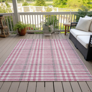 8' X 10' Blush Gray And Ivory Plaid Washable Indoor Outdoor Area Rug