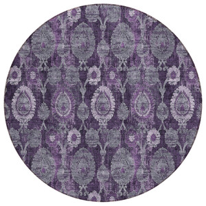 8' Eggplant Purple And Lavender Round Damask Washable Indoor Outdoor Area Rug
