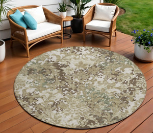 8' Beige Taupe And Brown Round Floral Washable Indoor Outdoor Area Rug - Beige, Taupe, Brown