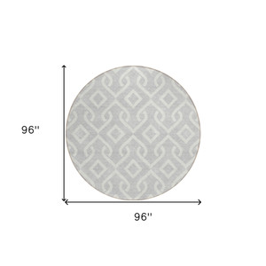 8' Silver And Ivory Round Geometric Washable Indoor Outdoor Area Rug - 608219306915