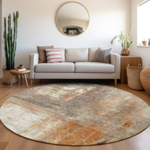8' Copper Ivory And Brown Round Abstract Washable Indoor Outdoor Area Rug