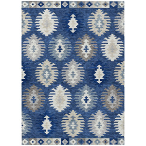 10' X 14' Navy Blue Ivory And Gray Southwestern Washable Indoor Outdoor Area Rug