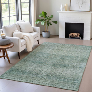 9' X 12' Teal Blue And Ivory Geometric Washable Indoor Outdoor Area Rug - Teal Blue, Ivory