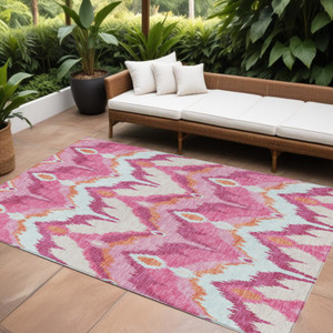 9' X 12' Pink Mauve And Orange Ikat Washable Indoor Outdoor Area Rug