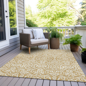 9' X 12' Gold And Beige Damask Washable Indoor Outdoor Area Rug