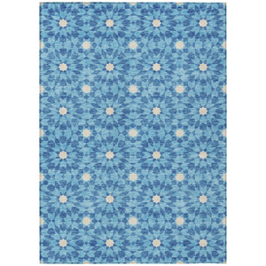 10' X 14' Denim Blue And Ivory Floral Medallion Washable Indoor Outdoor Area Rug