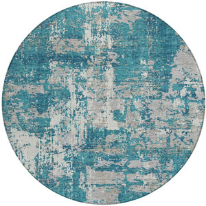 8' Teal Blue Gray And Ivory Round Abstract Washable Indoor Outdoor Area Rug