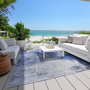 9' X 12' Denim Blue And Sky Blue Abstract Washable Indoor Outdoor Area Rug