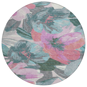 8' Teal Blue And Aqua Round Floral Washable Indoor Outdoor Area Rug - 880016735680