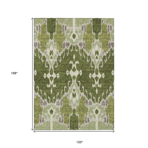 10' X 14' Olive Green And Artichoke Green Ikat Washable Indoor Outdoor Area Rug