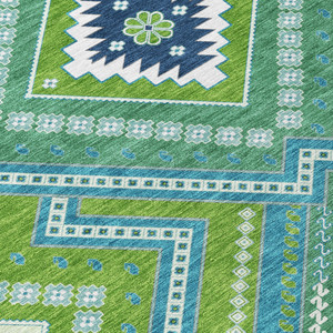 10' X 14' Lime Green Aqua And Ivory Tribal Washable Indoor Outdoor Area Rug