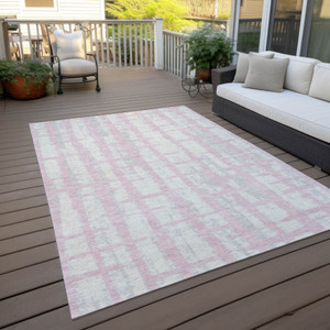 8' X 10' Pink Gray And Ivory Striped Washable Indoor Outdoor Area Rug