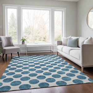 10' X 14' Teal Blue And Ivory Polka Dot Washable Indoor Outdoor Area Rug