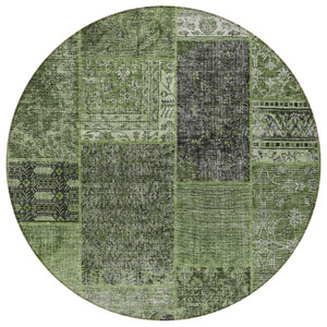 8' Olive Green And Gray Round Patchwork Washable Indoor Outdoor Area Rug