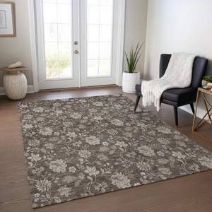 10' X 14' Chocolate Beige And Taupe Floral Washable Indoor Outdoor Area Rug