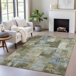 10' X 14' Green Gray And Sky Blue Abstract Washable Indoor Outdoor Area Rug