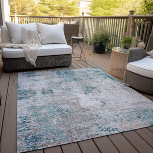 8' X 10' Teal Blue Beige And Copper Abstract Washable Indoor Outdoor Area Rug
