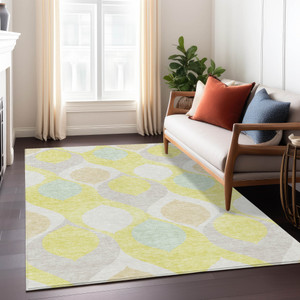 9' X 12' Yellow Mint Green And Beige Ogee Washable Indoor Outdoor Area Rug