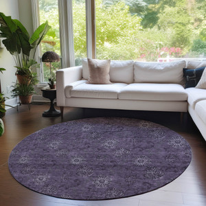 8' Eggplant And Purple Round Floral Washable Indoor Outdoor Area Rug