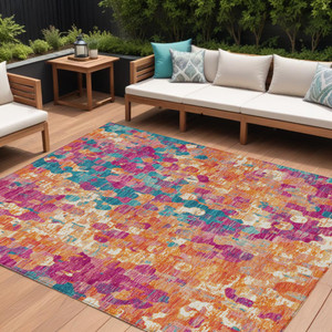 9' X 12' Blush Orange And Teal Blue Abstract Washable Indoor Outdoor Area Rug
