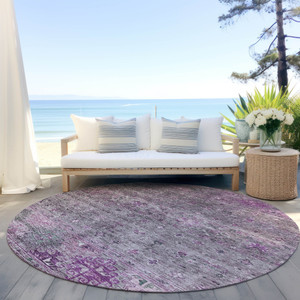 8' Purple And Gray Round Floral Washable Indoor Outdoor Area Rug