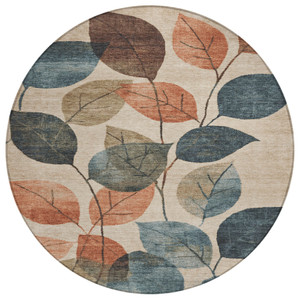 8' Beige Copper And Denim Blue Round Floral Washable Indoor Outdoor Area Rug