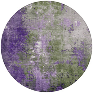 8' Olive Green And Purple Round Abstract Washable Indoor Outdoor Area Rug - Olive Green, Purple