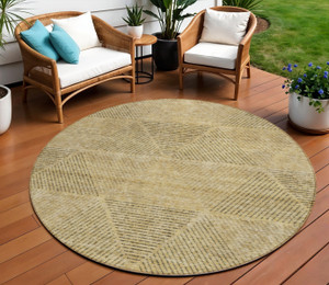 8' Wheat And Beige Round Geometric Washable Indoor Outdoor Area Rug