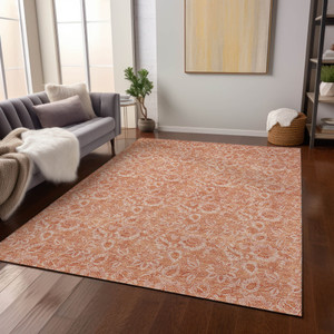8' X 10' Salmon And Copper Floral Washable Indoor Outdoor Area Rug