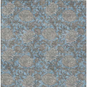 9' X 12' Blue Gray And Silver Floral Washable Indoor Outdoor Area Rug