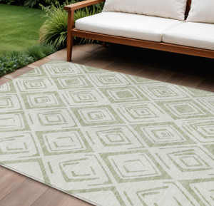 9' X 12' Artichoke Green And Ivory Geometric Washable Indoor Outdoor Area Rug - 608219092382
