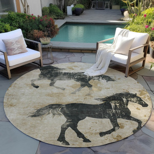 8' Beige And Charcoal Round Horse Washable Indoor Outdoor Area Rug
