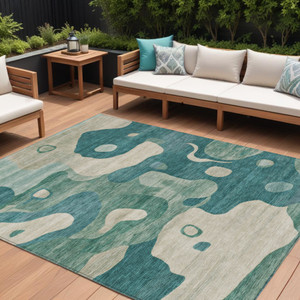 9' X 12' Teal Blue Ivory And Beige Abstract Washable Indoor Outdoor Area Rug