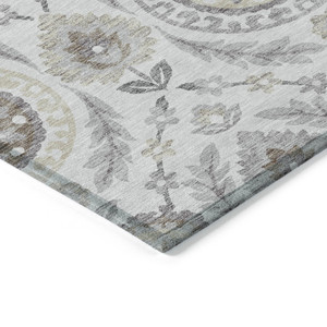 9' X 12' Silver Gray And Taupe Floral Washable Indoor Outdoor Area Rug