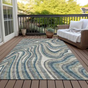 10' X 14' Teal Blue Gray And Taupe Abstract Washable Indoor Outdoor Area Rug