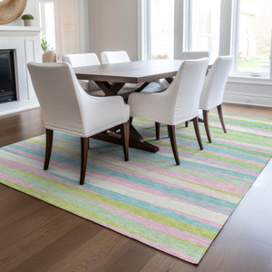 10' X 14' Mint Green Pink And Blue Striped Washable Indoor Outdoor Area Rug
