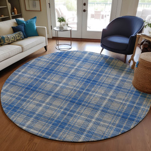 8' Gray Blue And Ivory Round Plaid Washable Indoor Outdoor Area Rug