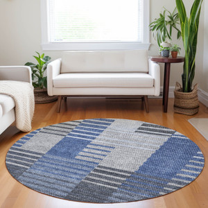 8' Denim Blue And Navy Blue Round Striped Washable Indoor Outdoor Area Rug