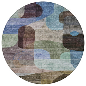 8' Brown Blue And Green Round Abstract Washable Indoor Outdoor Area Rug