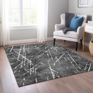 9' X 12' Charcoal Ivory And Gray Abstract Washable Indoor Outdoor Area Rug