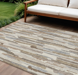 10' X 14' Ivory And Beige Striped Washable Indoor Outdoor Area Rug - 880016525571