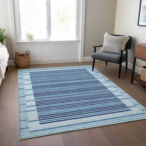 9' X 12' Sky Blue And Denim Blue Striped Washable Indoor Outdoor Area Rug Transitional Style - Sky Blue, Denim Blue Color