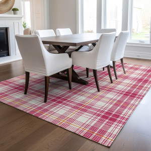 10' X 14' Blush Ivory And Copper Plaid Washable Indoor Outdoor Area Rug