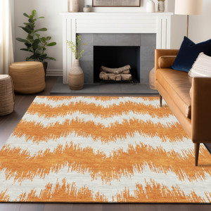 10' X 14' Orange And Ivory Chevron Washable Indoor Outdoor Area Rug