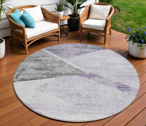 8' Purple Gray And Charcoal Round Abstract Washable Indoor Outdoor Area Rug