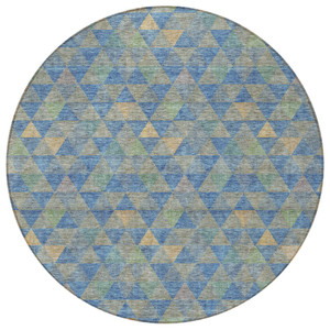 8' Sky Blue And Gray Round Geometric Washable Indoor Outdoor Area Rug