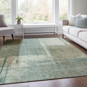9' X 12' Pale Aqua And Beige Abstract Washable Indoor Outdoor Area Rug
