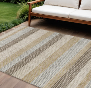 8' X 10' Beige And Ivory Striped Washable Indoor Outdoor Area Rug - 880016711653